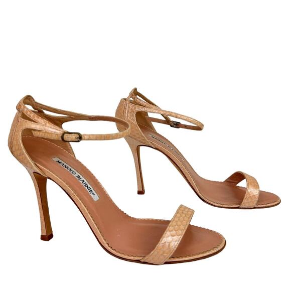 Manolo Blahnik Chaos Sandal 37.5 Beige Blush SnakeSkin Ankle Strap Stiletto Heel - Picture 1 of 10